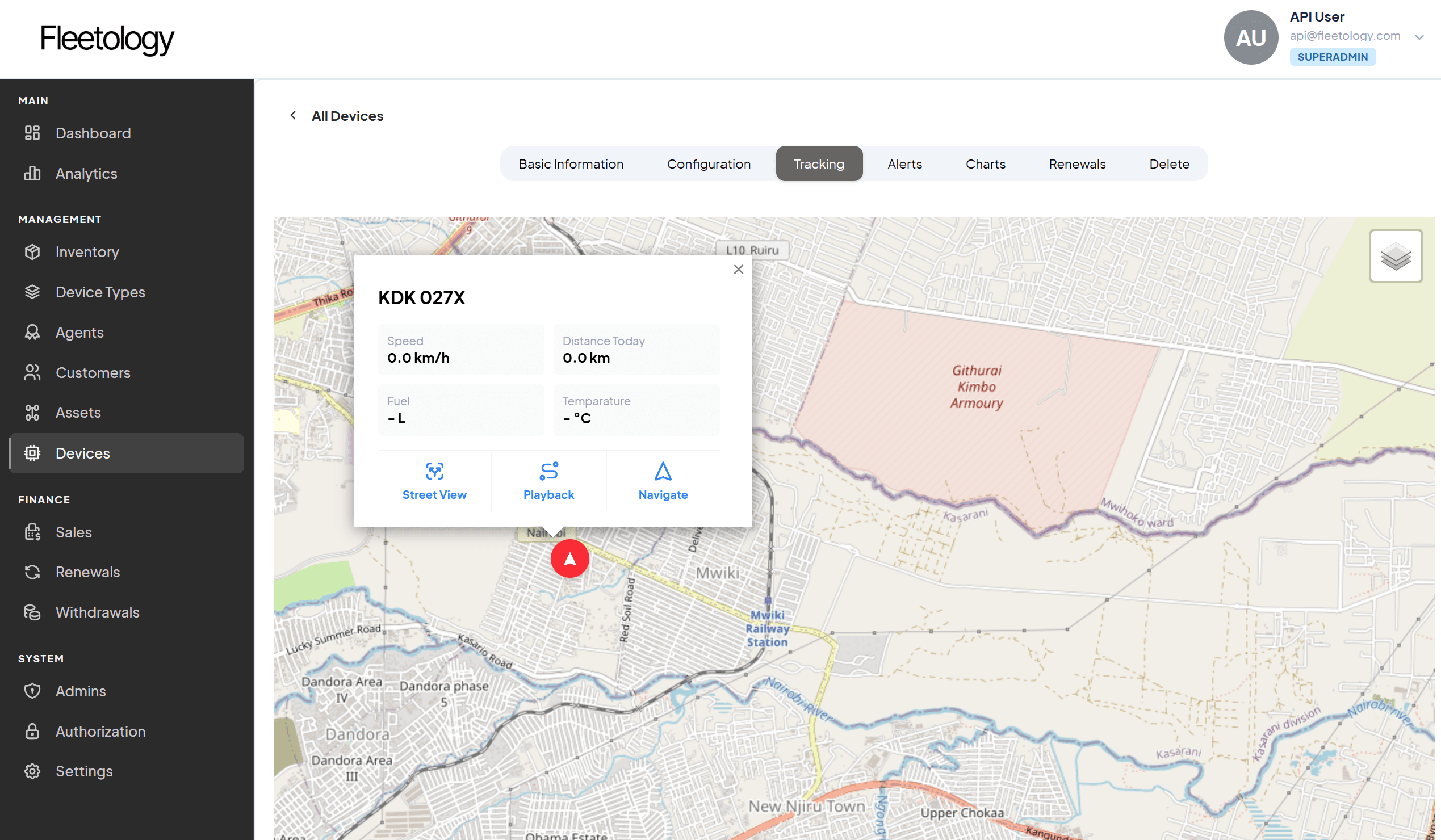 Fleetology operations console — live device tracking view